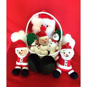 Santa Claus Basket 5 Plush Ornaments Santa Snowman Christmas Decor